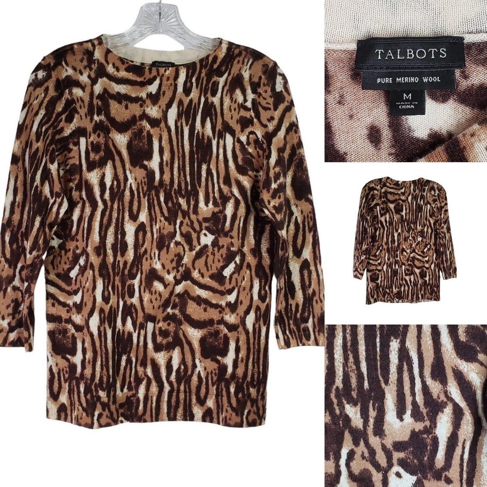 Talbots Sweater Merino Wool Women's Medium Multicolor Animal Print 3/4 Sleeve